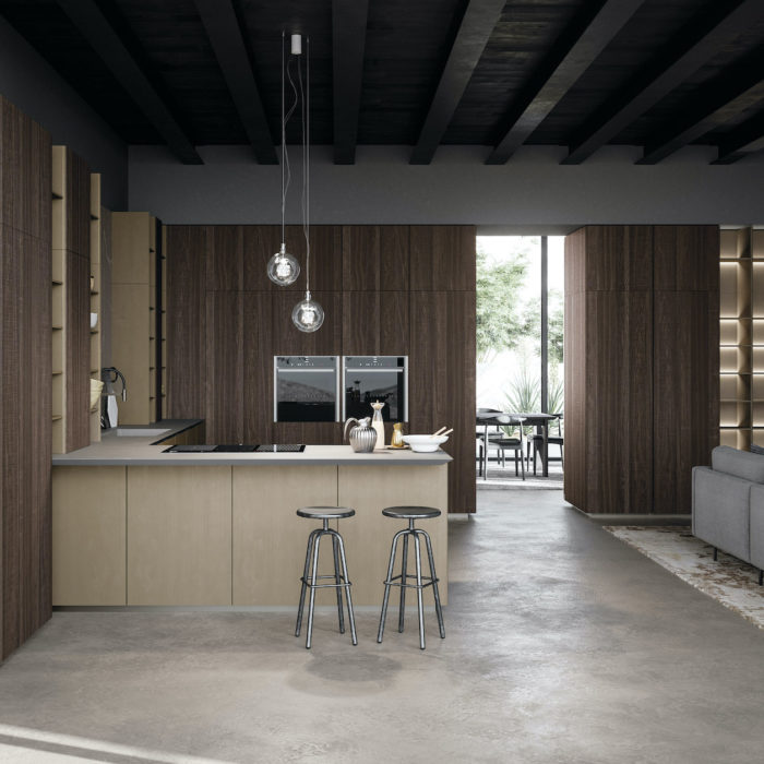 Modern kitchen with concrete floor and warm wood texture
