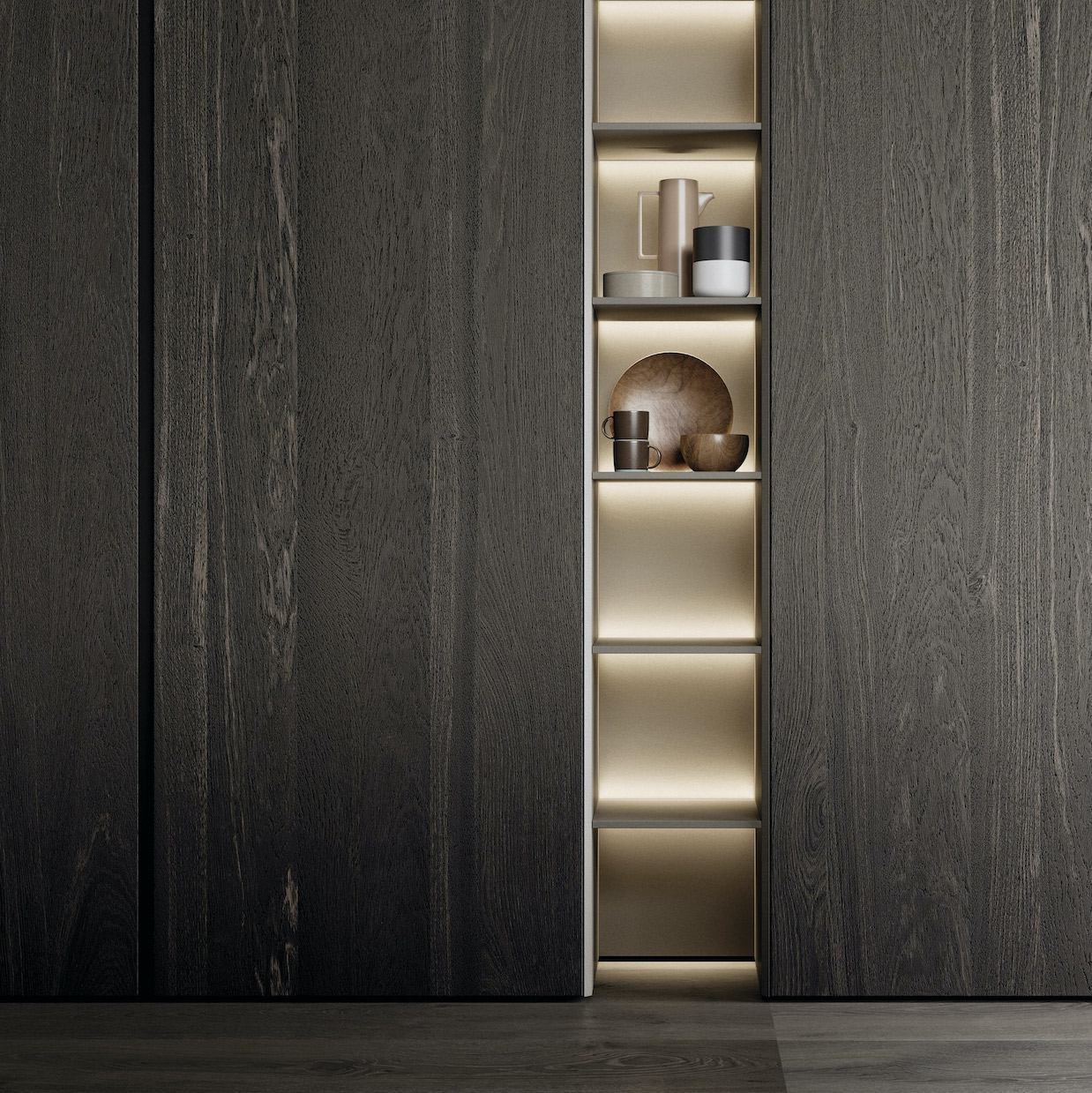 Beautiful dark wood in a modern kitchen.Stunning Italian bespoke kitchen design by Galerie Design