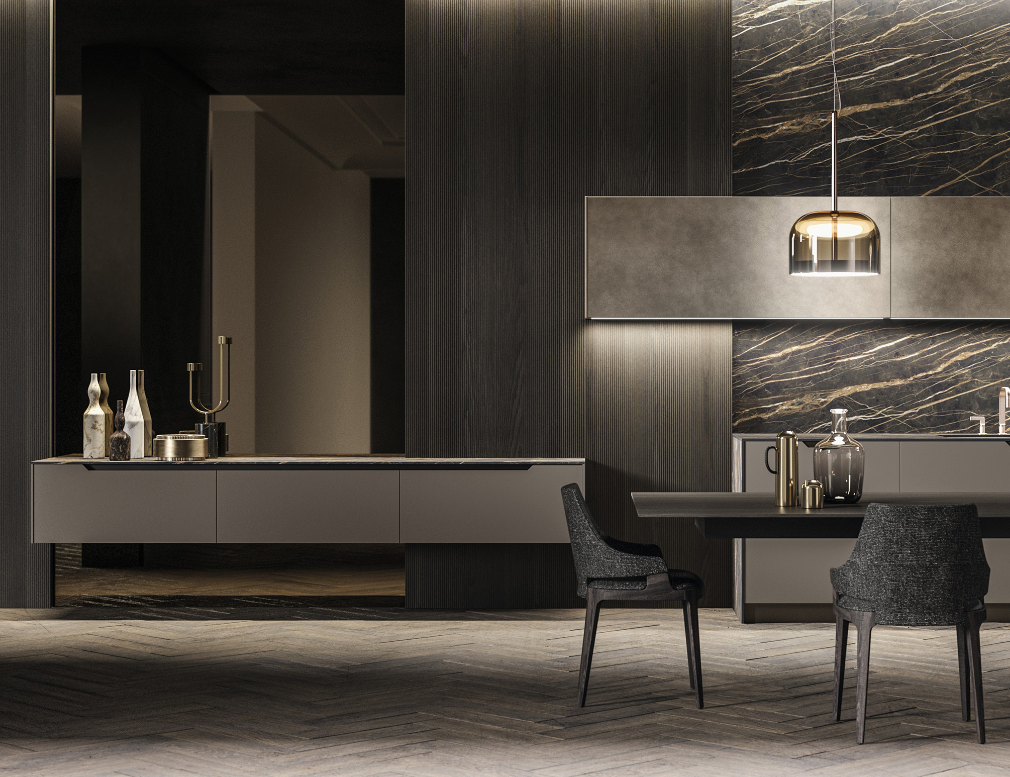 Bespoke Italian Kitchens.Luxury affordable dark italian kitchen in a vast open space with living and dinning
