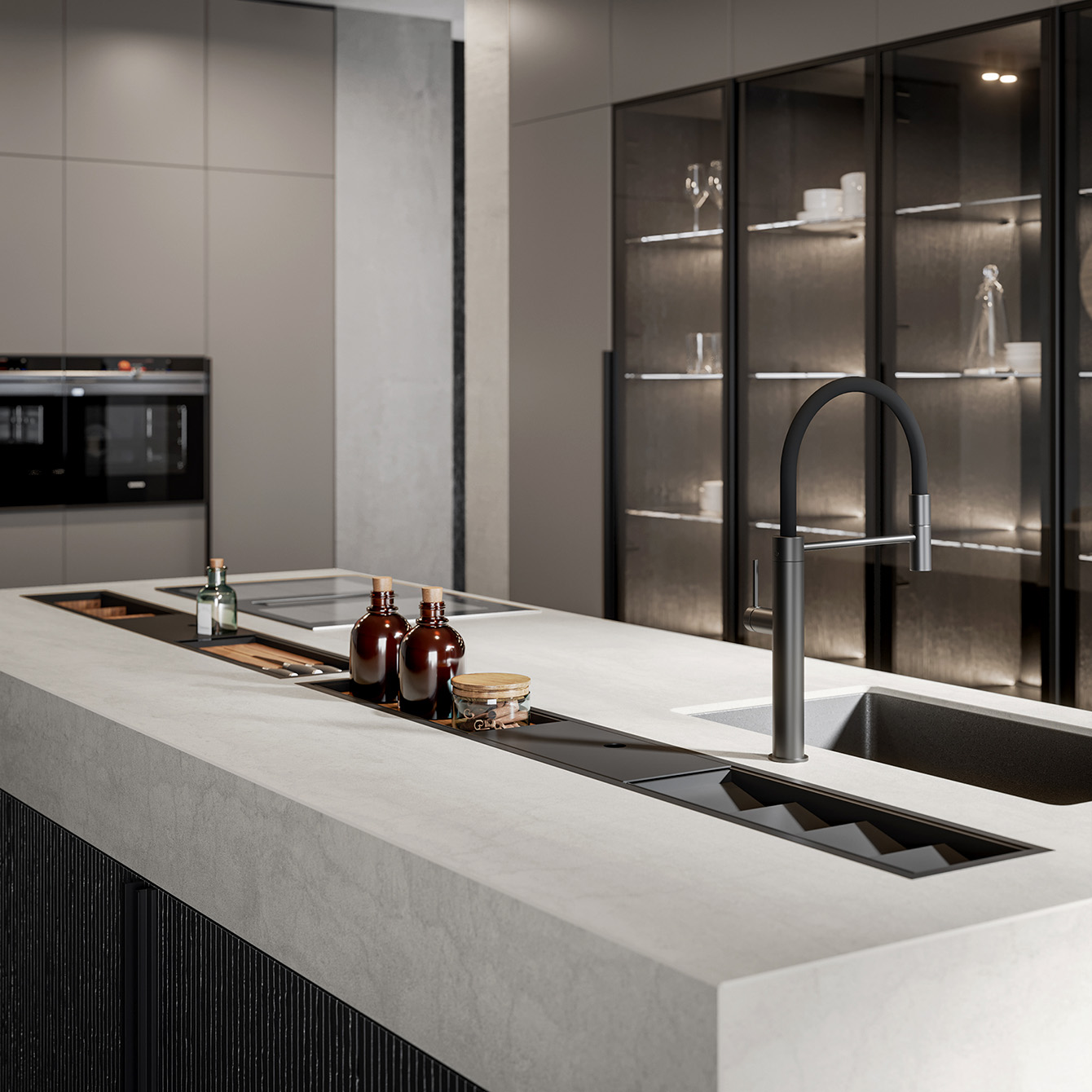 Stunning Modern Italian Kitchen with large kitchen Island, sink on island and bank of larder. The kitchen is from Galerie Design Warwick